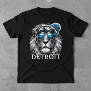Detroit Lions Cool Lion Beanie Sunglasses Black NFL Graphic Tee